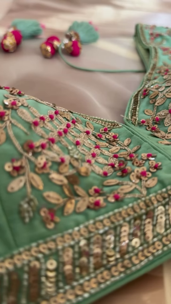 Regal Pink & Green Hand-Embroidered Lehenga Set - Image 2