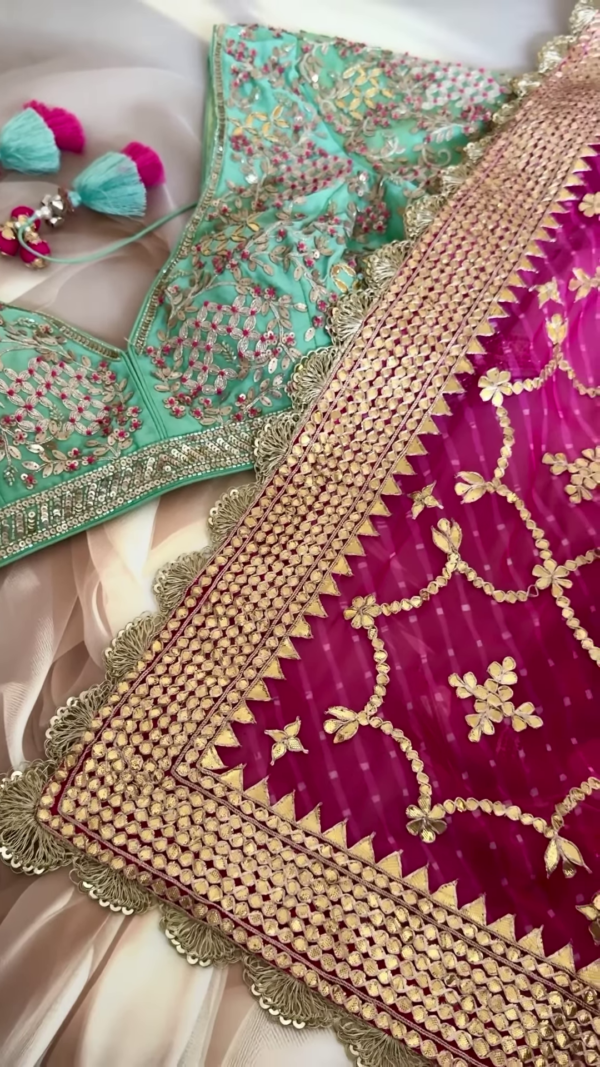 Regal Pink & Green Hand-Embroidered Lehenga Set - Image 3