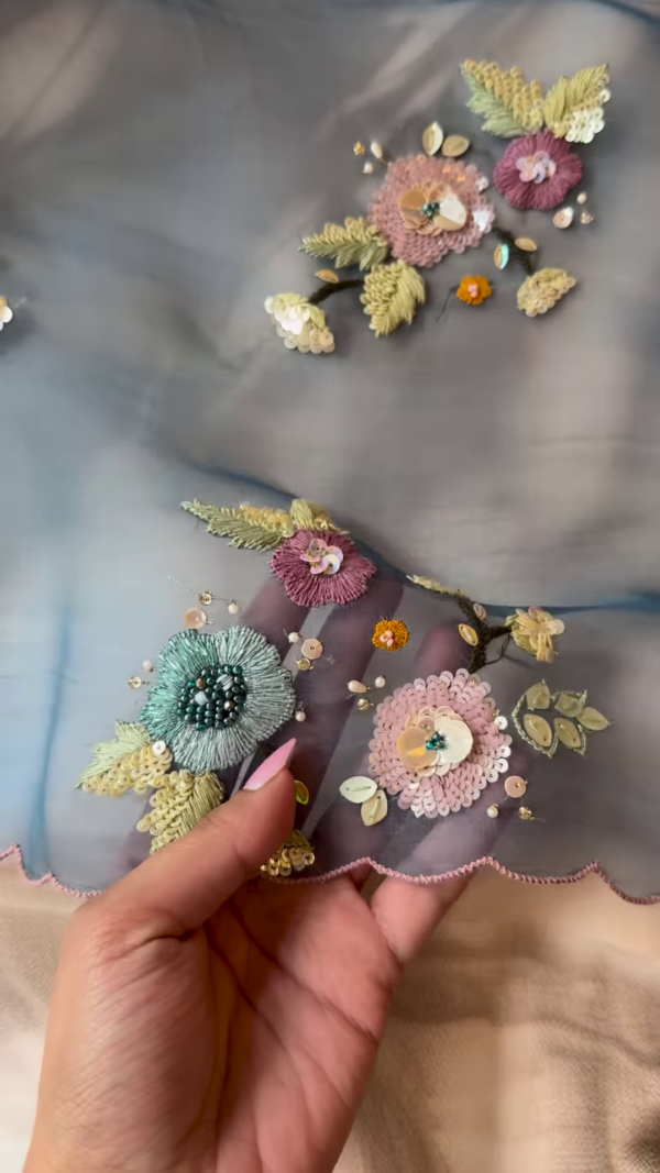 Pastel Hand-Embroidered Floral Organza Fabric - Image 2