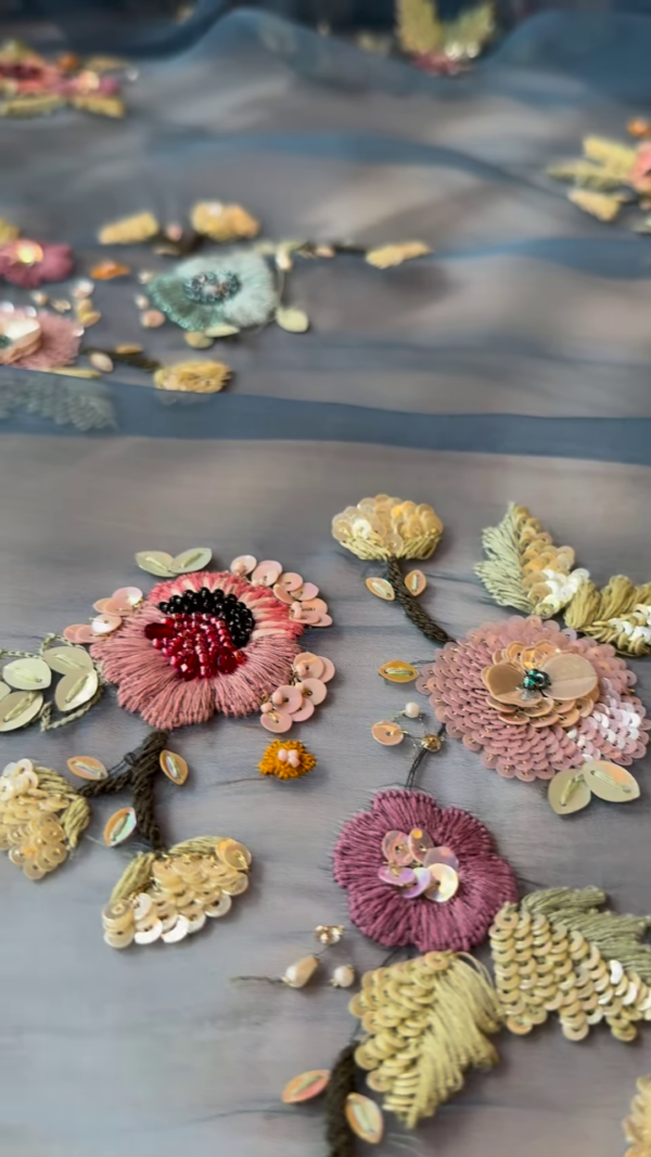 Pastel Hand-Embroidered Floral Organza Fabric