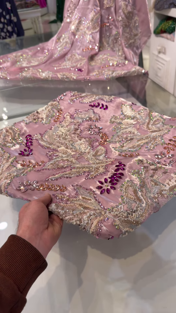 Luxe Hand-Embroidered Pink Net Fabric - Image 2