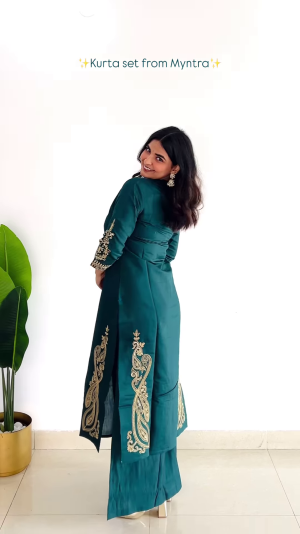 Emerald Green Embroidered Kurta Set with Palazzo - Image 3