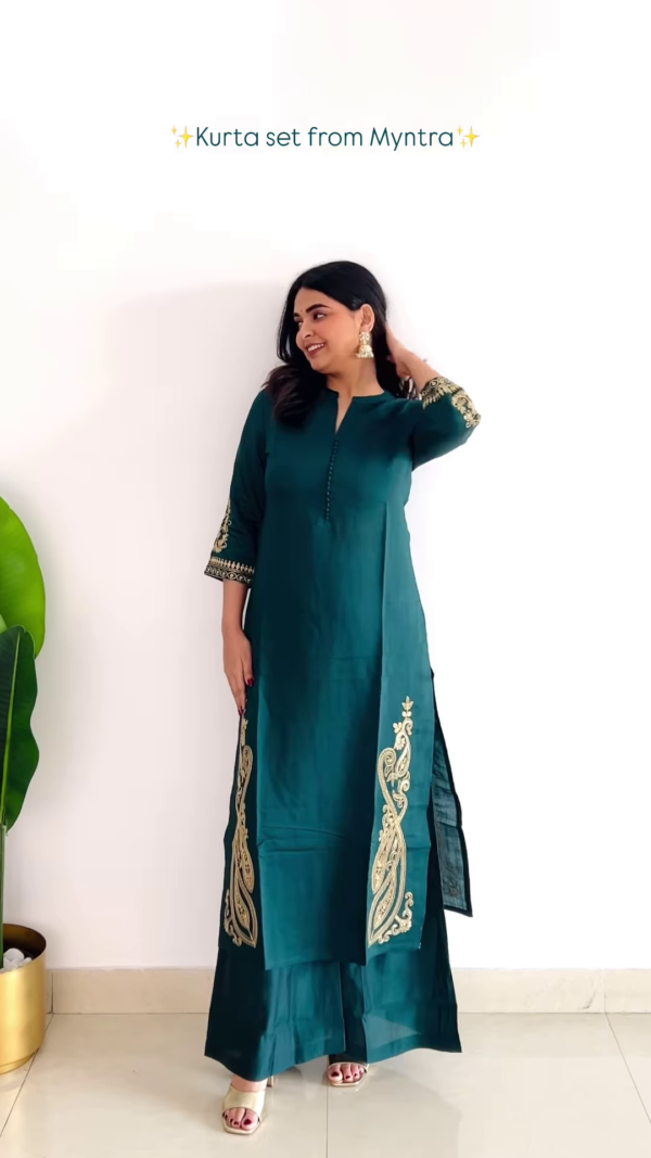 Emerald Green Embroidered Kurta Set with Palazzo - Image 2