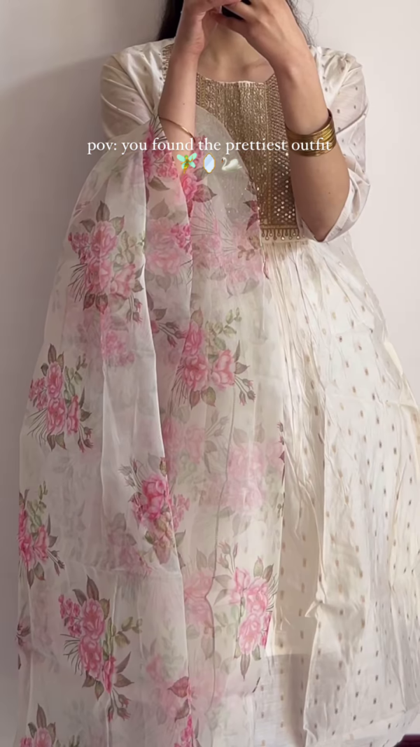Ethereal White & Gold Anarkali with Floral Dupatta - Image 2