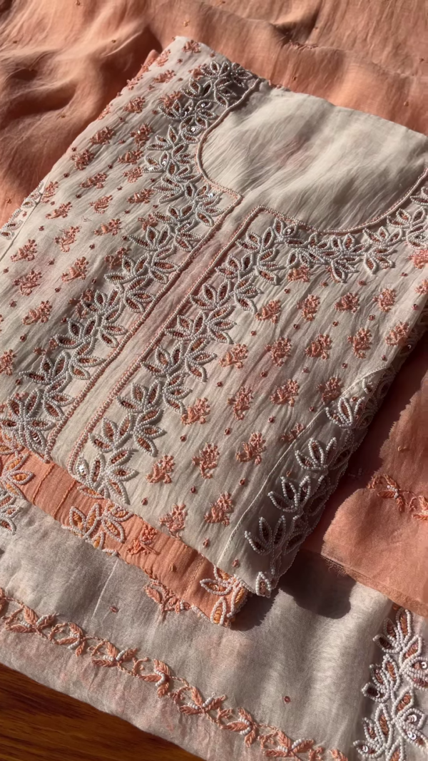Peach Elegance Hand-Embroidered Suit