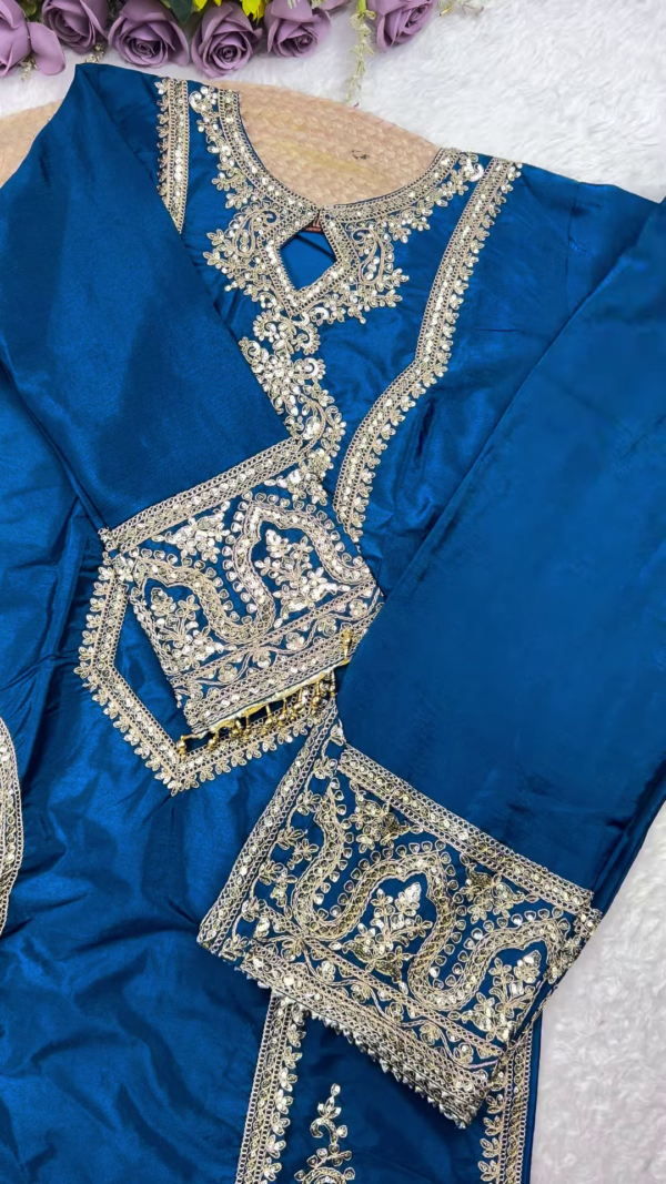 Royal Blue Heavy Embroidered Silk Suit - Image 4