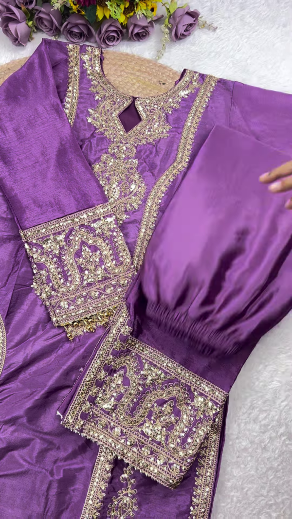 Royal Blue Heavy Embroidered Silk Suit - Image 2