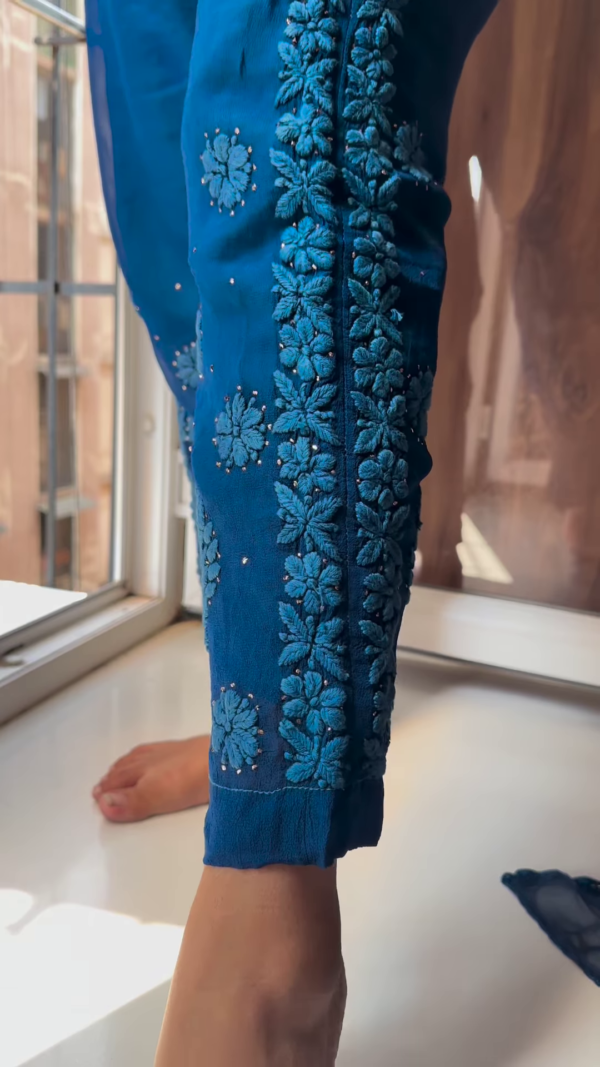 Royal Blue Hand-Embroidered Chikankari Suit – Exquisite Floral Elegance - Image 2