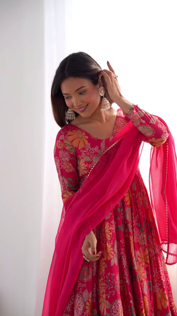 Vibrant Pink Floral Anarkali Suit – A Fusion of Elegance & Grace - Image 3