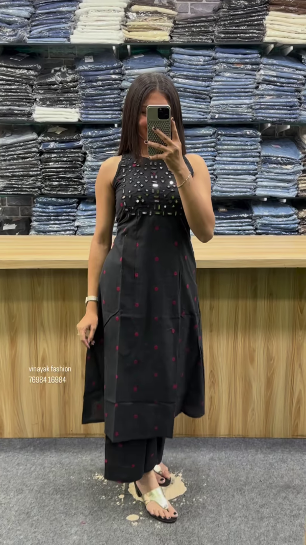Midnight Black Mirror Work Cotton Kurta Set - Image 2