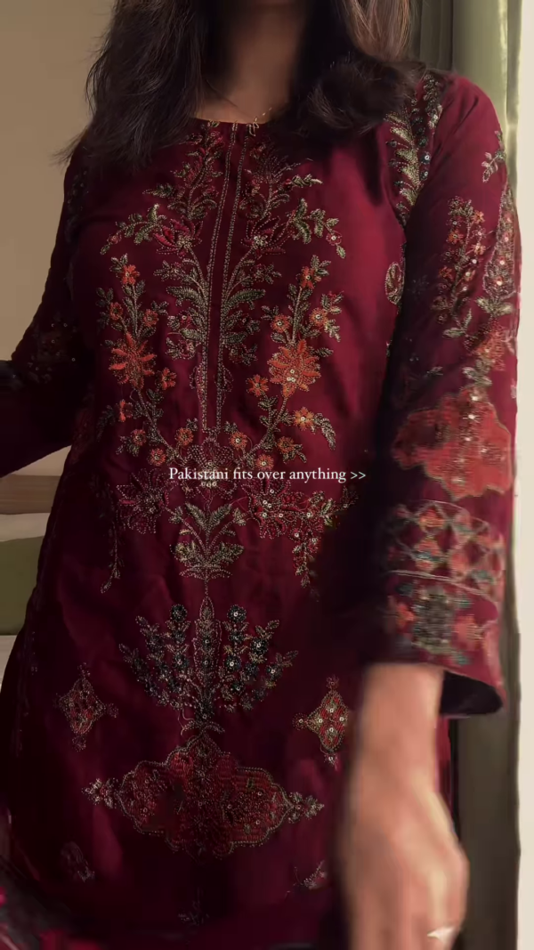 Luxurious Maroon Pakistani Embroidered Suit with Dupatta