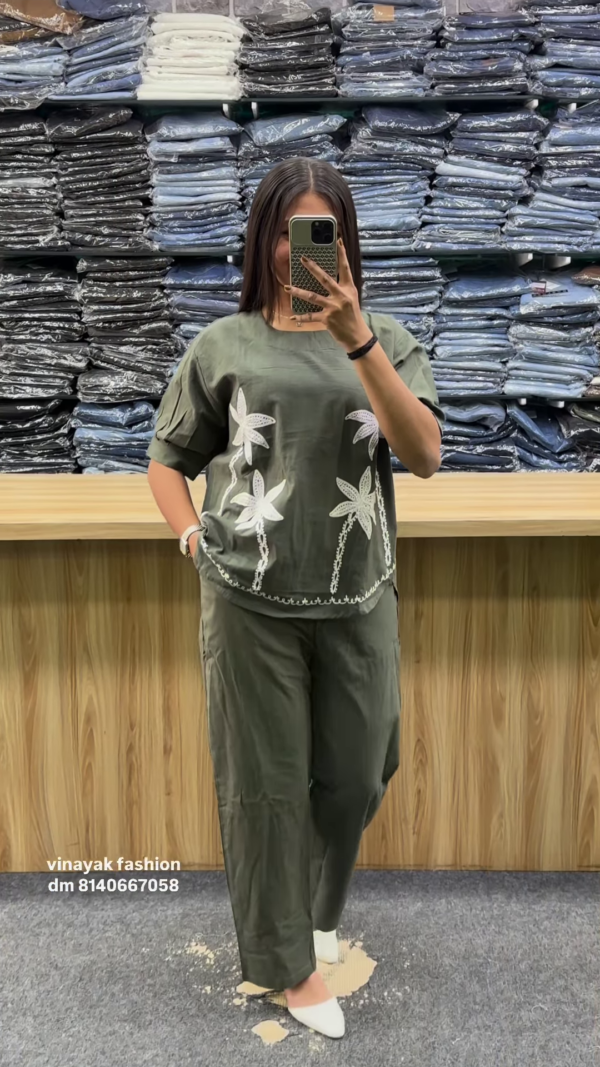 Olive Green Floral Embroidered Co-Ord Set - Image 2