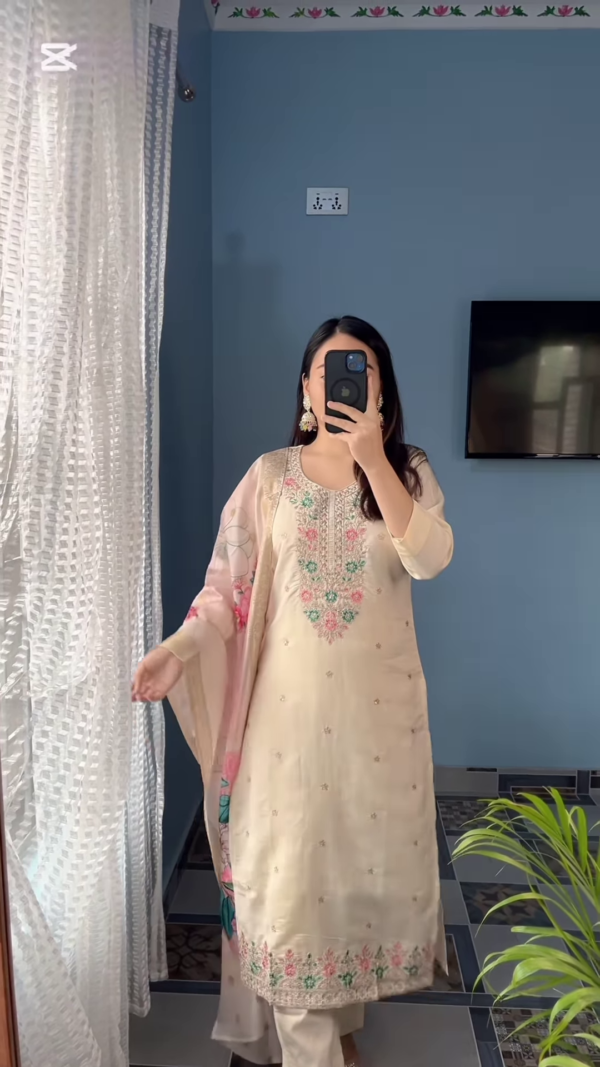 Ivory Blossom Embroidered Cotton Kurta Set