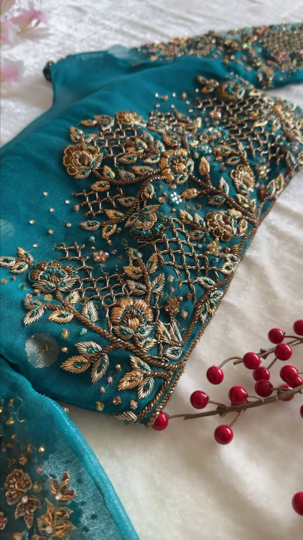 Regal Teal Gold Hand-Embroidered Net Dupatta