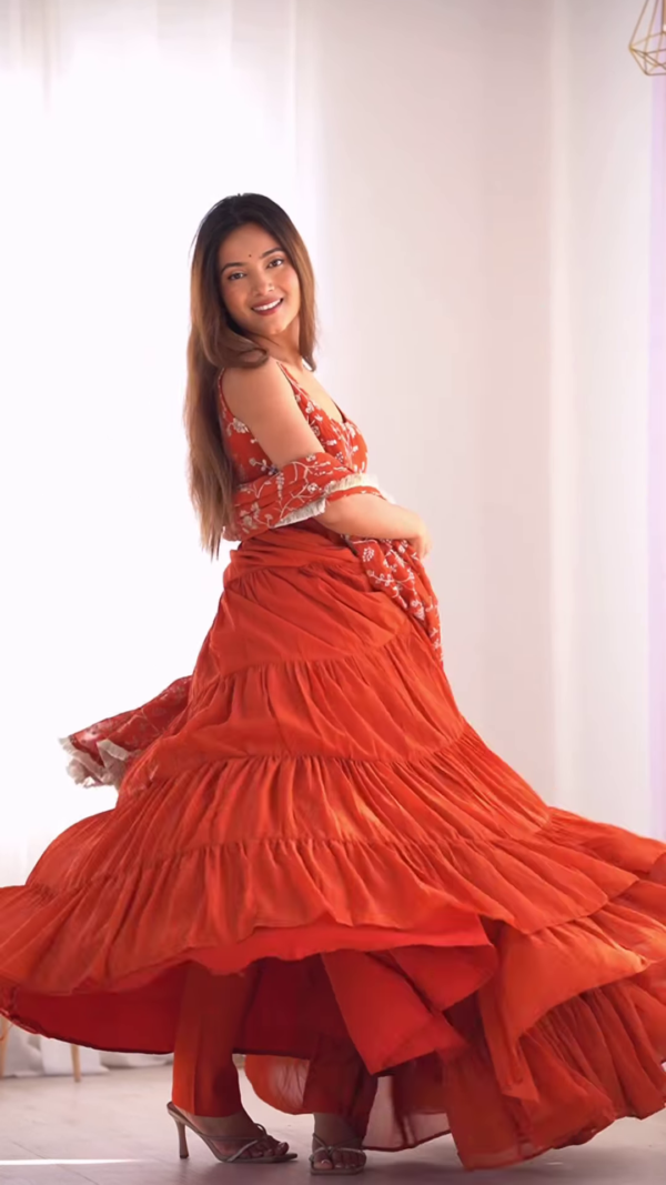 Rust Red Embroidered Tiered Anarkali Set - Image 2