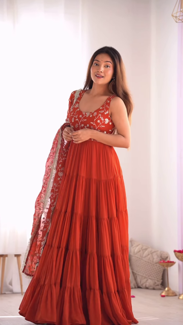 Rust Red Embroidered Tiered Anarkali Set