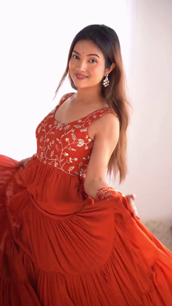 Rust Red Embroidered Tiered Anarkali Set - Image 3