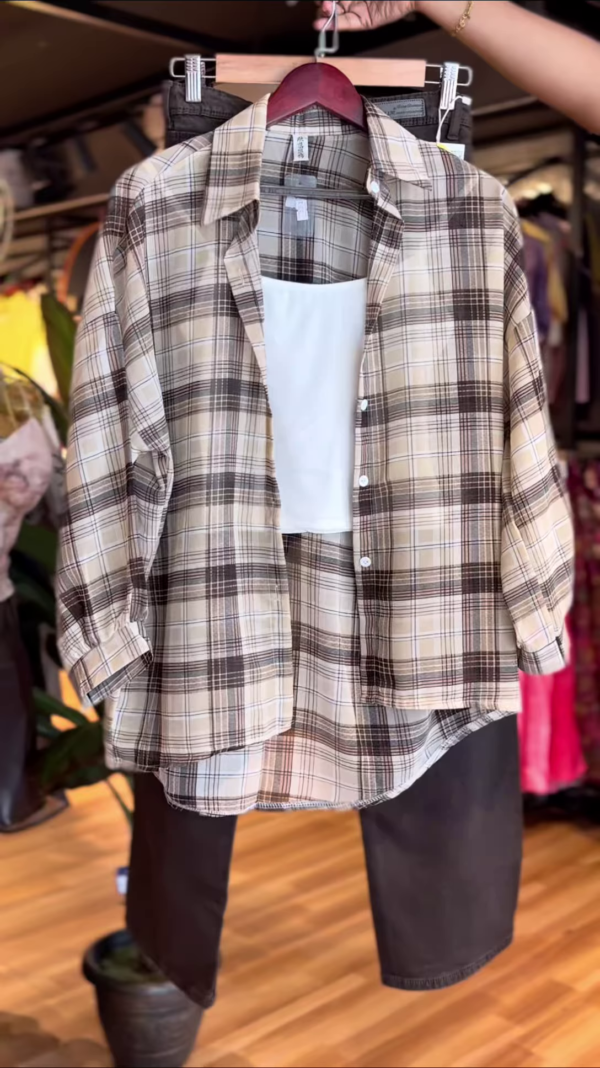 Classic Beige Checkered Shirt Co-ord Set with White Tank & Black Pants