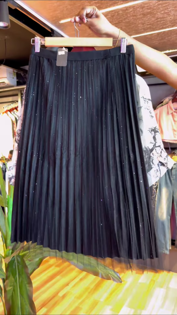 Monochrome Palm-Print Satin Co-ord with Draped Top & Sheer Layered Skirt - Image 2