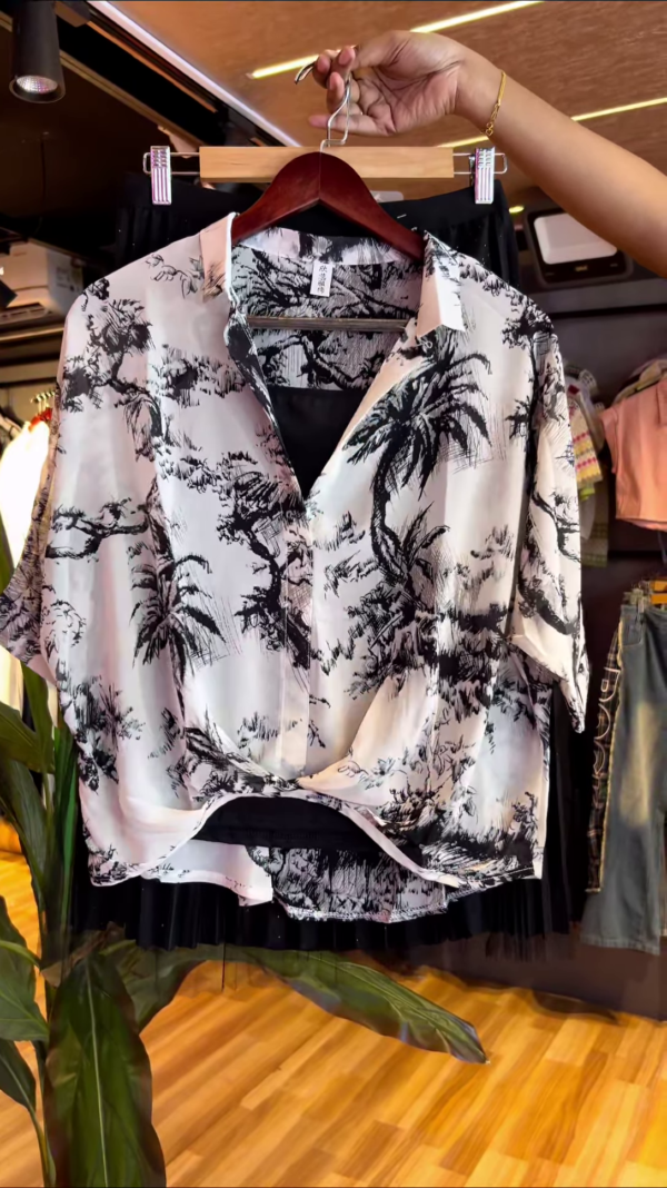 Monochrome Palm-Print Satin Co-ord with Draped Top & Sheer Layered Skirt