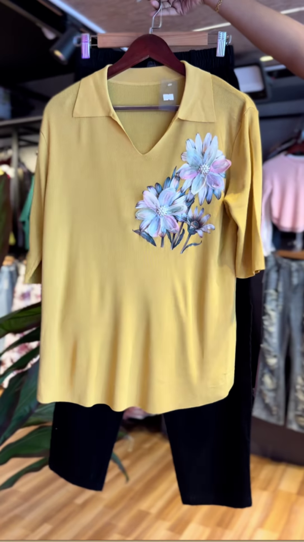 Golden Bloom: Collared Tee & Cropped Pants Set