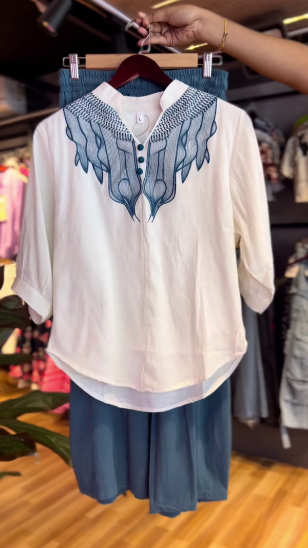 Indigo Drift: Embroidered High-Low Shirt & Wide-Leg Set